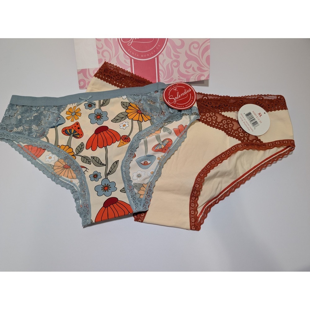 Splendies 2 Pair Bikini Underwear SzXL Fairycore Mushroom Floral Print Lace Trim